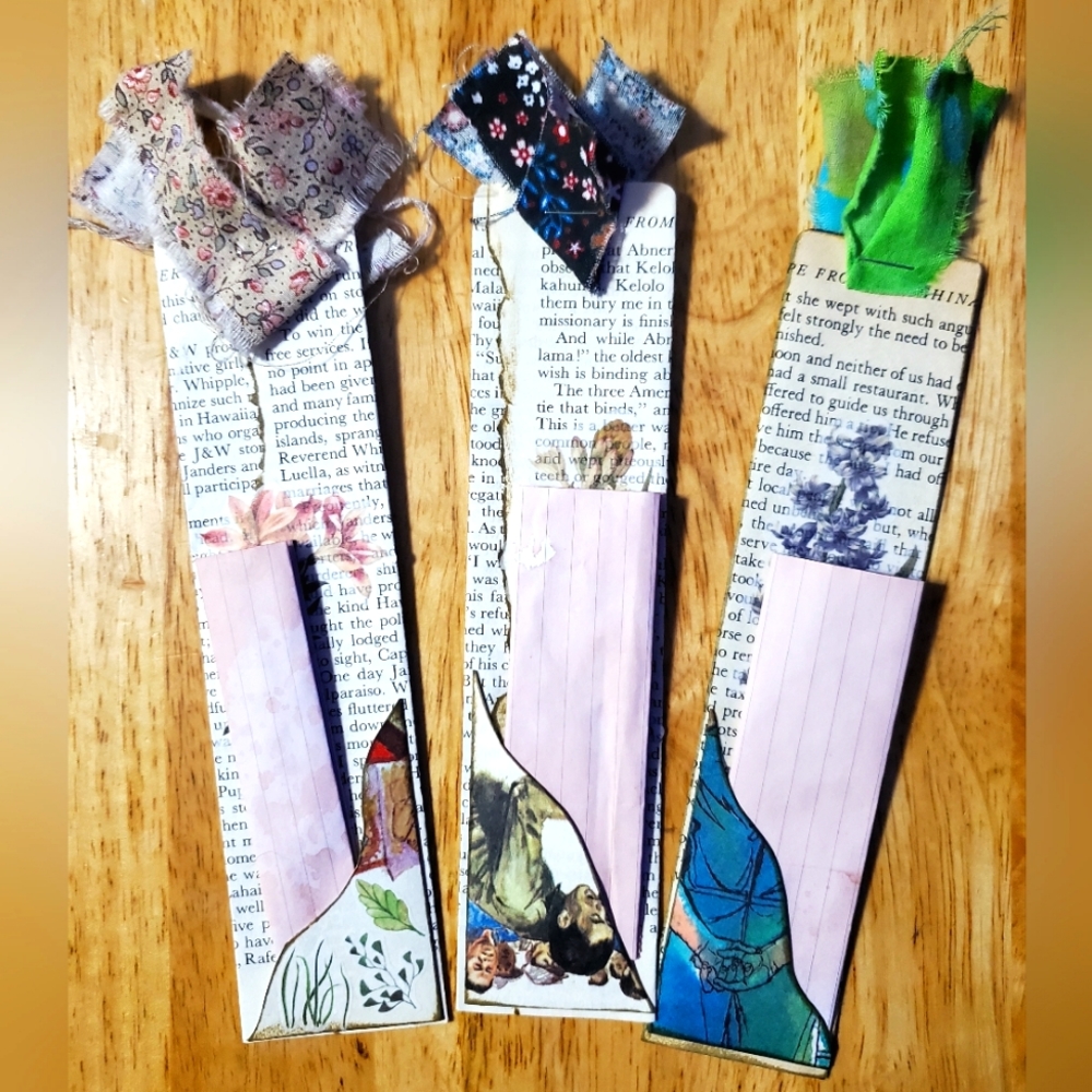 😀 HAND CRAFTED Set of 3 bookpage bookmarks with notepaper
